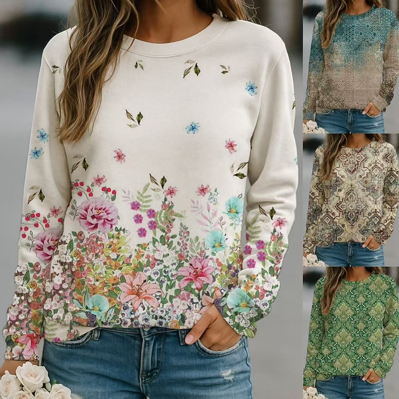 Women's Hoodies Casual Long Sleeve Round Neck Regular Tops White Blue Green Khaki Spring Fall