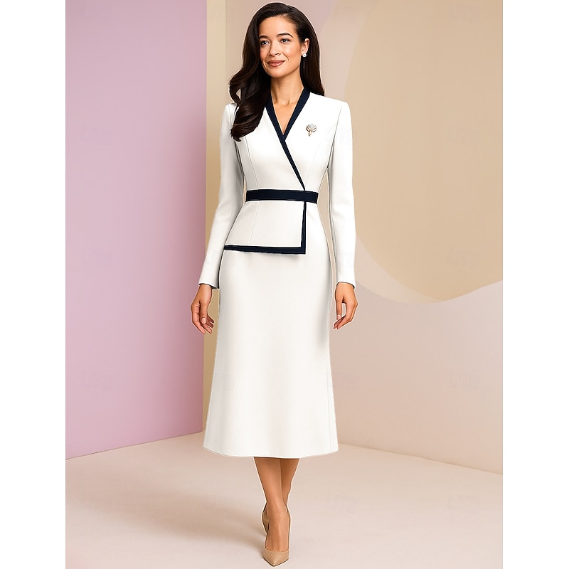 Sheath / Column Mother of the Bride Dress Formal Elegant Vintage V Neck Tea Length Satin Long Sleeve with Color Block