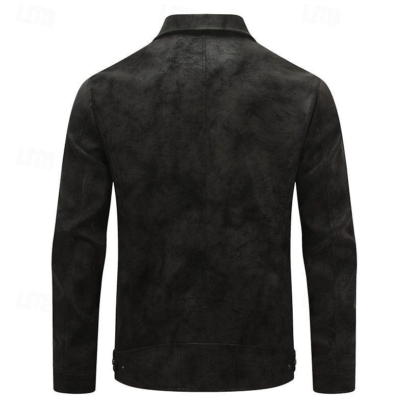 Men's Faux Leather Jacket Faux Suede Jacket Vacation Daily Windproof Warm Pocket Fall Winter Plain Fashion Classic Lapel Regular Black Khaki Jacket3