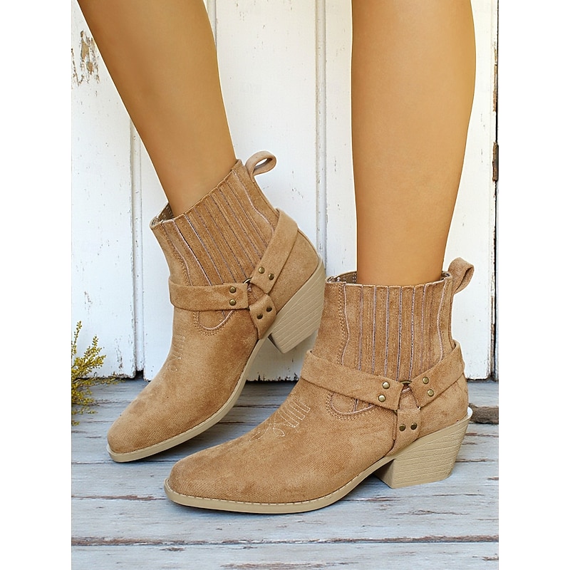 Women's Khaki Faux Suede Ankle Boots with Strap Buckle, Western Style Block Heel Short Boots for Casual Wear
