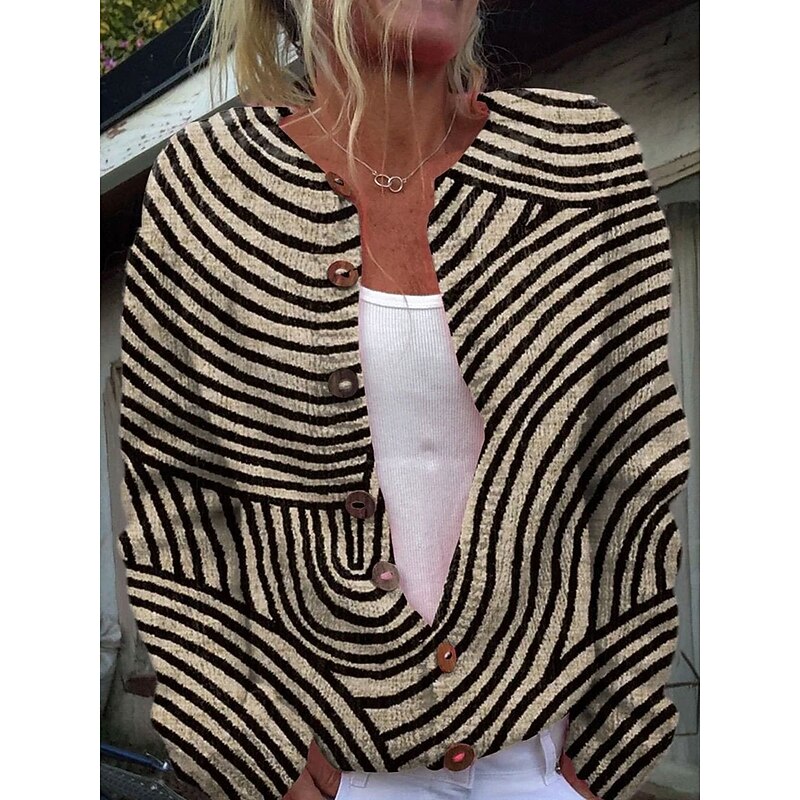 Women's Cardigan Fashion Daily Casual Graphic Geometric Ribbed Crew Neck Buttons Print Long Sleeve Regular Tops Knit Outdoor Daily Date Black Blue Fall Winter