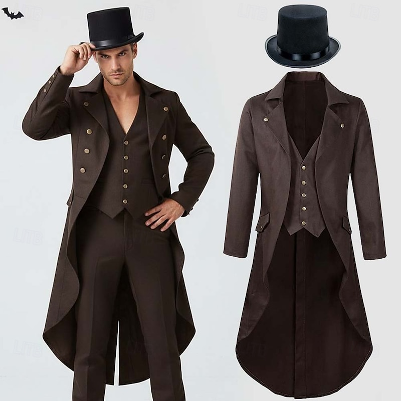 Medieval Renaissance Steampunk Coat Tuxedo Tailcoat Vampire Mad Hatter Nobleman Fancy Dress Men's Fantasy Steampunk Halloween Carnival Party Party / Evening Masquerade Adults' Coat Hat All Seasons