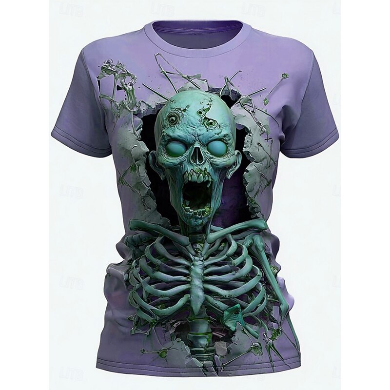 Halloween Women's T Shirt Skulls Graphic Skeleton Vintage Stylish Casual Short Sleeve Crew Neck Regular Tops Daily Going out Weekend Print Pink Blue Purple Green Summer4