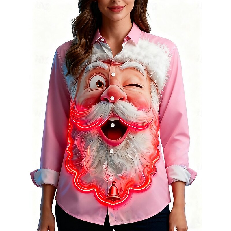 Christmas Women's Shirt Graphic Santa Claus Elegant Vintage Stylish Long Sleeve Shirt Collar Regular Tops Work Daily Holiday Black Pink Red Brown Fall Winter2