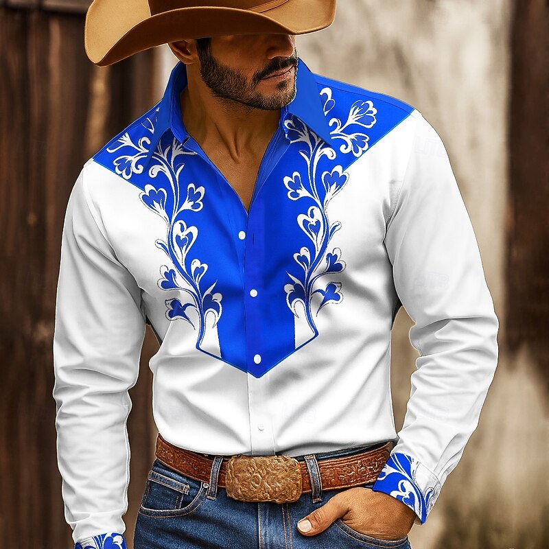 Men's Floral Print Ethnic Flowers Shirt Western Shirt Button Up Shirt Long Sleeve Vintage Retro Outdoor Casual WorkWear Spring Fall Turndown 3D Print Collared Shirts Black White2