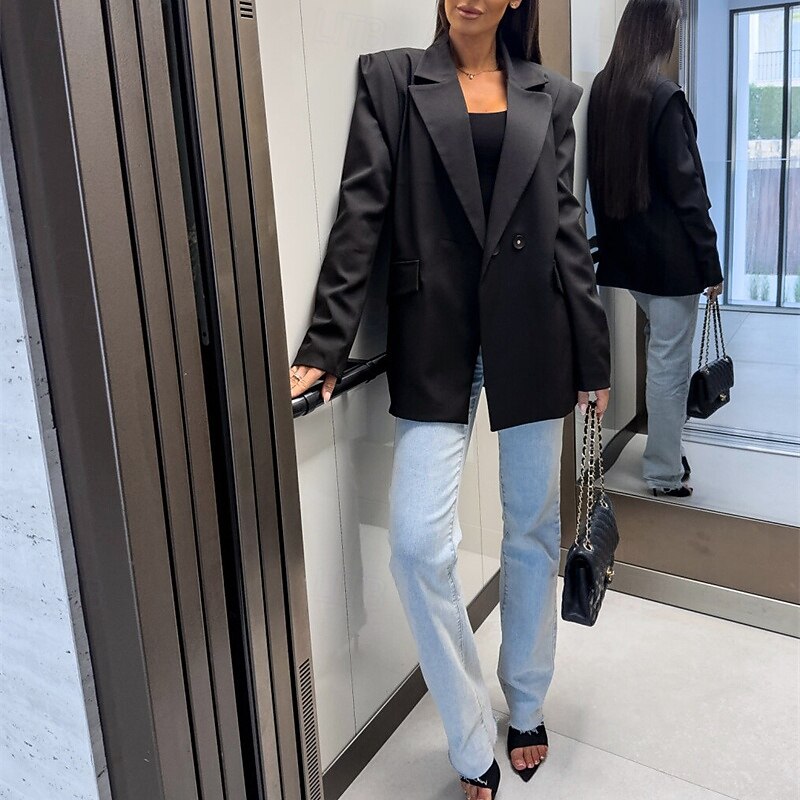 Women's Blazer Comfortable Pocket Buttons Elegant Fashion Outdoor Plain Going out Casual Daily Weekend Cardigan Regular Lapel Regular Fit Long Sleeve Outerwear Black White Red Spring Fall3