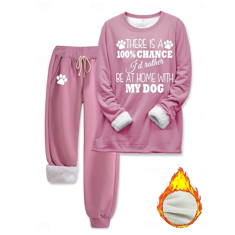 Women's Warm Fashion Two Piece Sets Tracksuit Pants Sets Long Sleeve Bishop Sleeve Crew Neck Graphic Letter Print Outdoor Vacation Casual Black Pink Dark Pink Fall Regular Fit