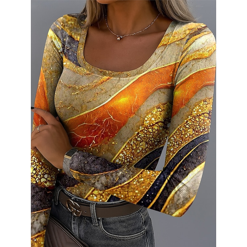 Women's T Shirt Ribbed Graphic Square Neck Long Sleeve Casual Ombre Abstract Vintage Stylish Regular Tops Daily Print Blue Sky Blue Orange Brown Green Spring Fall