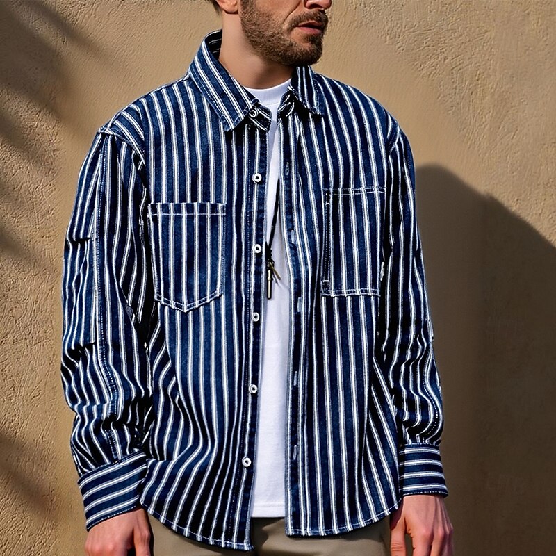 Men's Shirt Casual Shirt Button Up Shirt Denim Shirt Black Blue Long Sleeve Stripe Lapel Vacation Holiday Pocket Clothing Apparel Polyester Fashion Casual Comfortable - Main Image