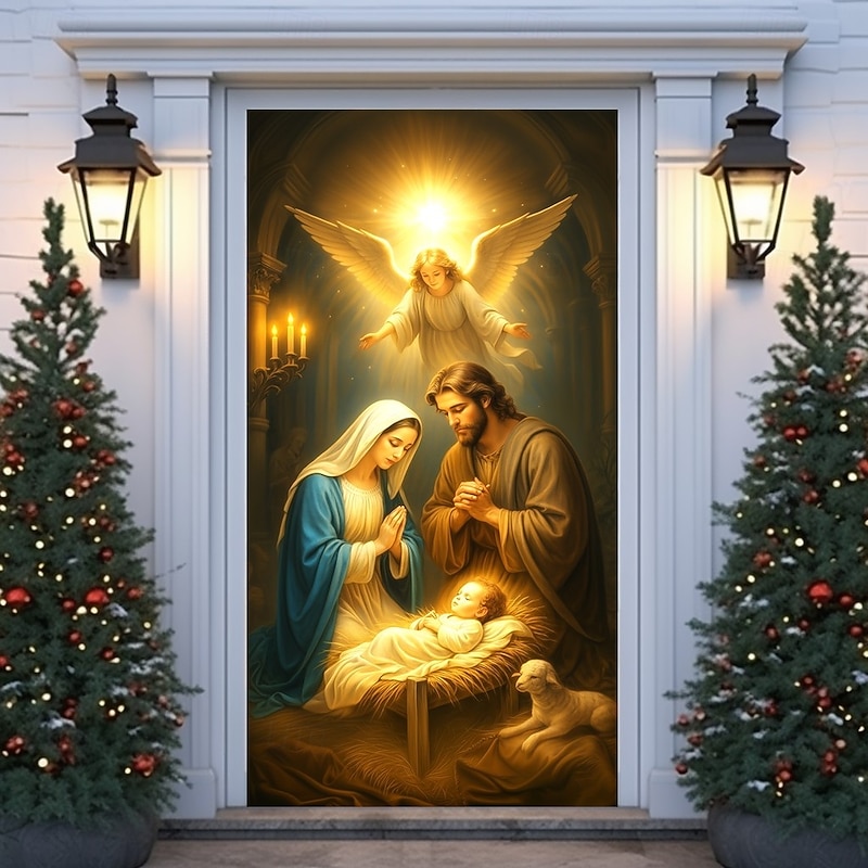 Christmas Door Cover, Angel and Holy Family Nativity Scene Door Curtain, Religious 2025 Xmas Door Hanging for Porch Church Party Home Decoration