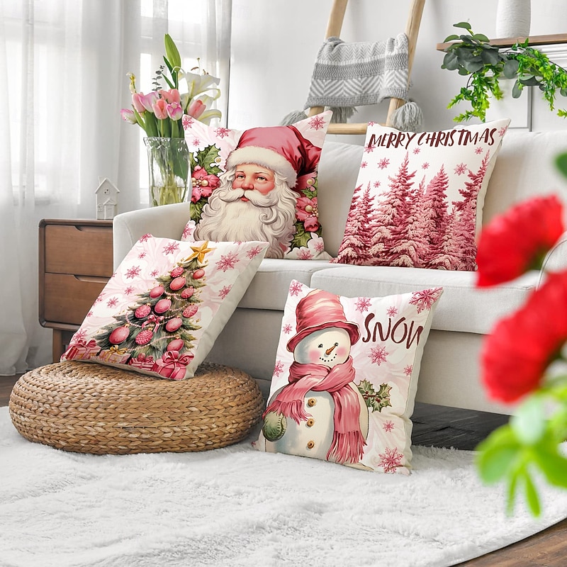 Pink Reindeer Christmas Pillow Covers, Linen Letter Print Decorative Throw Cushions, Festive Sofa & Living Room Accent Pillows3