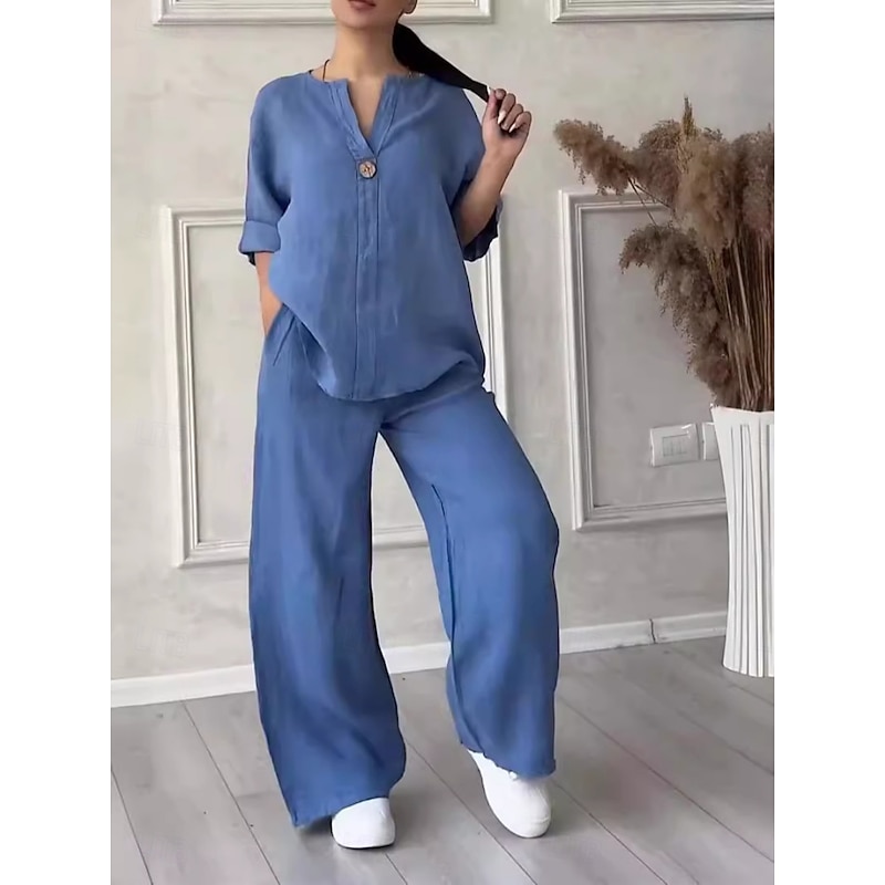 Women's Elegant Fashion Streetwear Cotton Linen Sets Long Sleeve Crew Neck Solid Color Outdoor Casual Daily Dark Grey White Pink Summer Loose Fit2