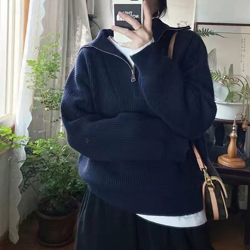 Women's Sweater Fashion Streetwear Casual Solid Color Ribbed Half Zip Knitted Long Sleeve Regular Tops Knit Outdoor Daily Weekend Navy Blue Fall Winter3