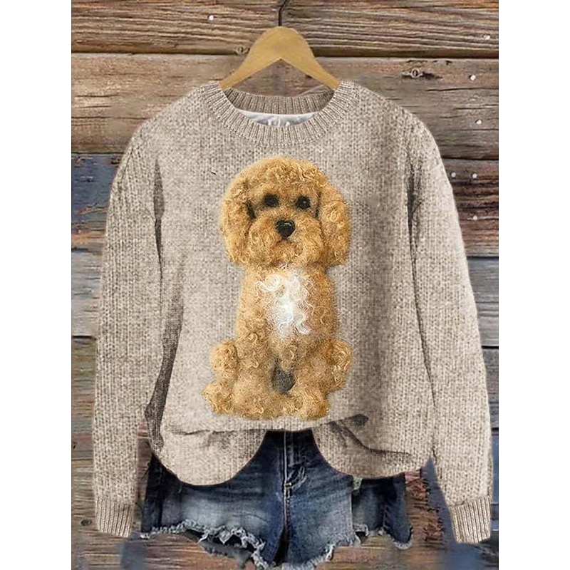 Women's Sweater Casual Soft Animal Ribbed Crew Neck Knitted Print Long Sleeve Regular Tops Knit Outdoor Daily Weekend Yellow Khaki Fall Winter2