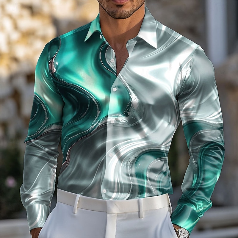 Men's Gradient Waves Marble Shirt Satin Shirt Dress Shirt Long Sleeve Fashion Casual Vacation Dailywear Summer Spring Fall Turndown 3D Print Button Up Shirts Red Blue Purple Green2