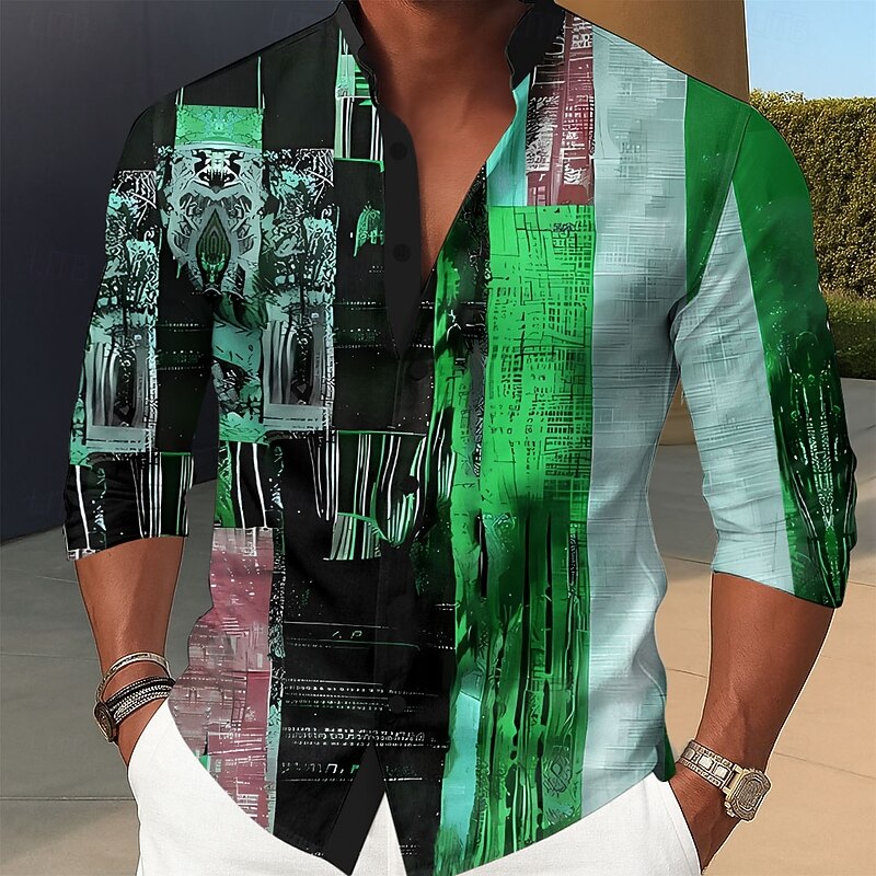 Men's Geometric Color Block Patchwork Shirt Stand Collar Shirt Long Sleeve Vintage Retro Dailywear Holiday Spring Fall Mandarin Collar Band Collar 3D Print Button Up Shirts Red Blue Green3