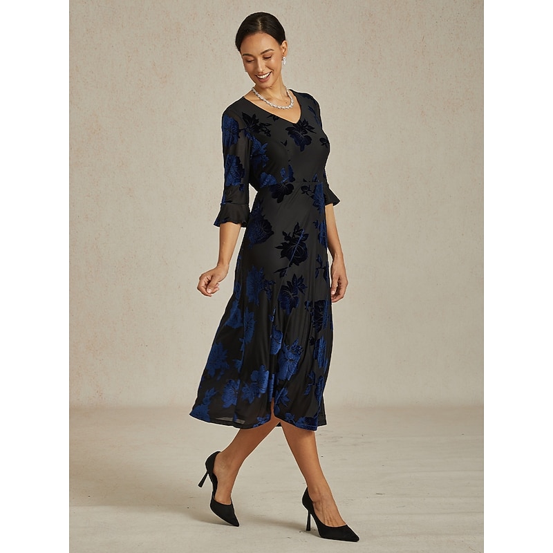 Women's Midi Dress A Line Dress Elegant Birthday Cocktail Wedding Guest Velvet Daily Cocktail Party Regular Fit Floral Half Sleeve V Neck Navy Blue Spring Fall Winter4