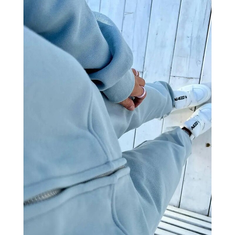 Women's Active Fashion Blouse Hoodie Pants Sets Long Sleeve Hooded Solid Color Zipper Vacation Holiday Black Pink Army Green Fall Regular Fit4