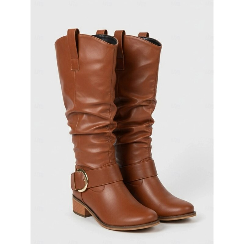 Women's Green Faux Leather Slouchy Western Boots with Buckle Detail - Knee-High Cowboy Style Boots for Casual and Boho Chic Outfits4