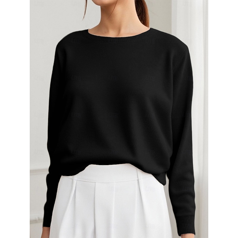 Women's Pullover Elegant Vintage Daily Solid Color Ribbed Crew Neck Knitted Long Sleeve Regular Tops Knit Formal Outdoor Home Black White Spring Fall4