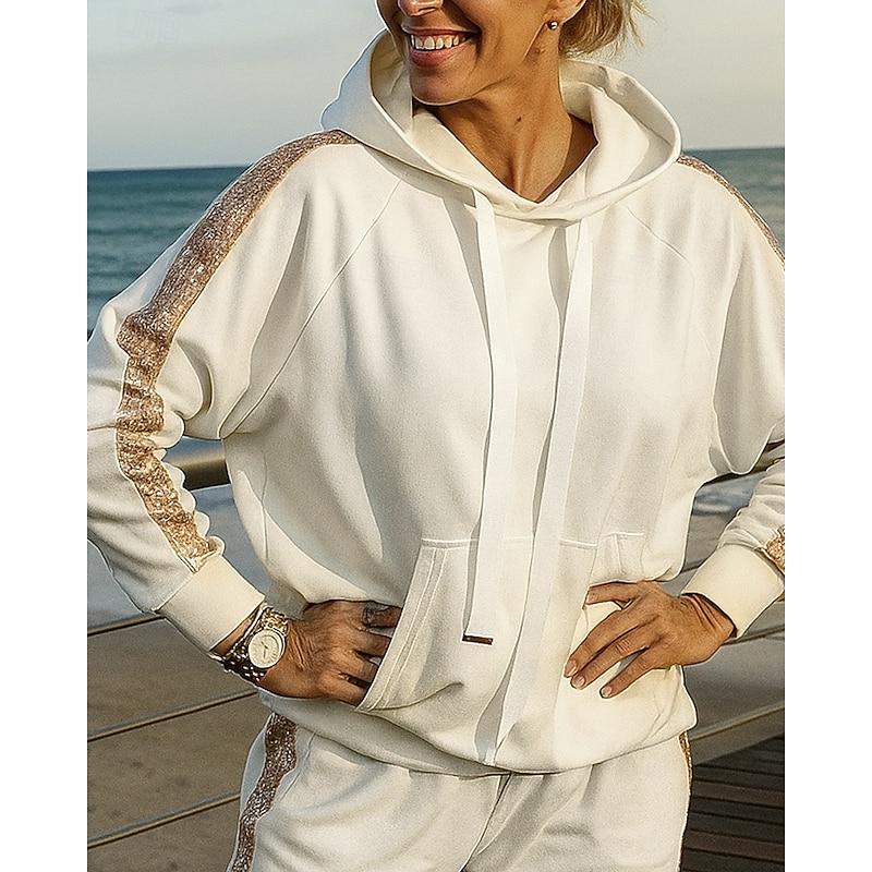 Women's 2 Piece Tracksuit Lounge Hoodie Sweatsuit Sets Pocket Solid Colored Clothing Suit Fall Black White Outdoor Travel Sports Moisture Wicking Long Sleeve Sport Activewear Micro-elastic Regular Fit3