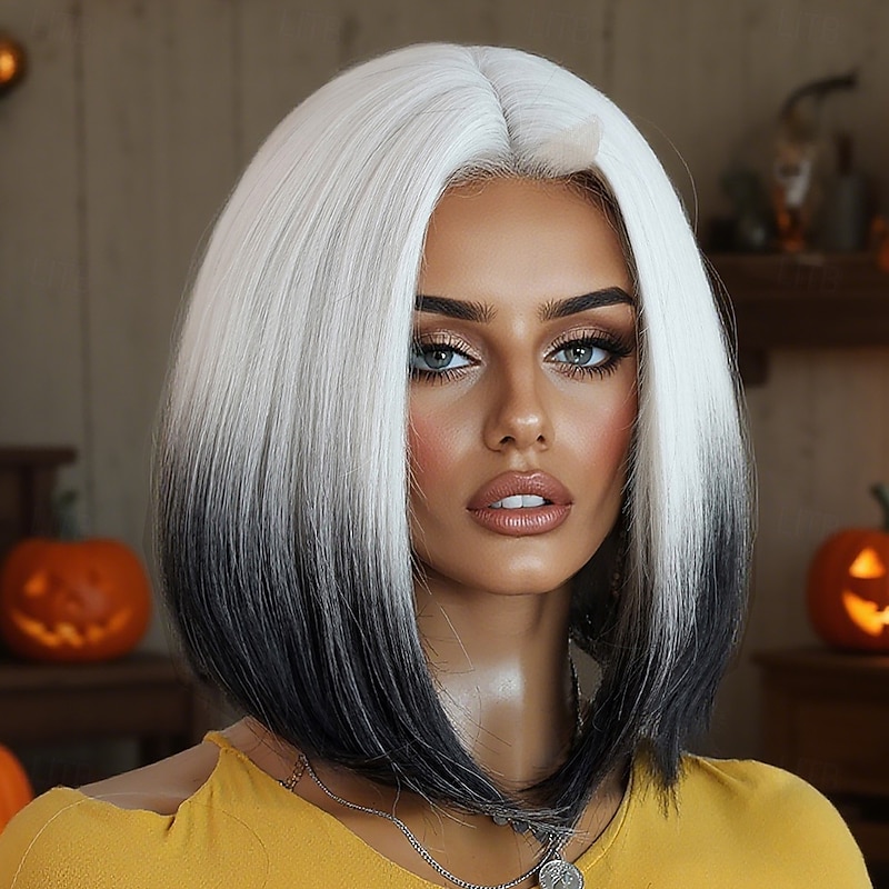Synthetic Lace Wig Straight Style 12 inch White Middle Part U Part Wig Women's Wig White and Blue3