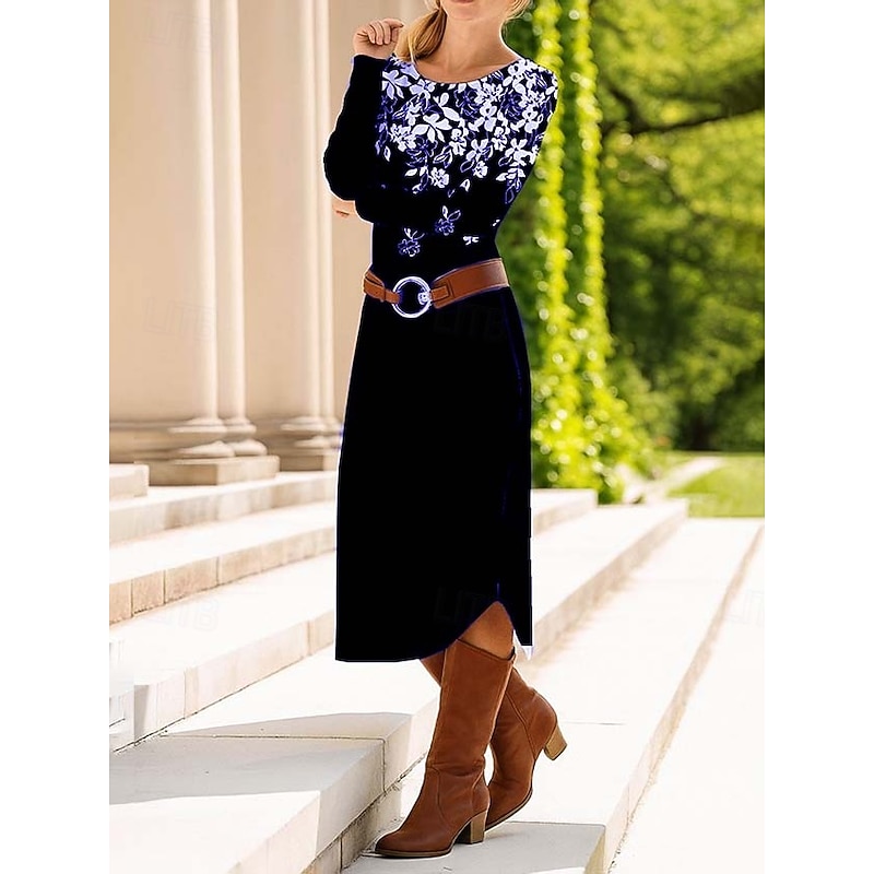 Women's Midi Dress Sheath Dress Shift Dress Casual Daily Regular Fit Floral Graphic Paisley Long Sleeve Crew Neck Black Purple Green Spring Fall Winter Autumn3
