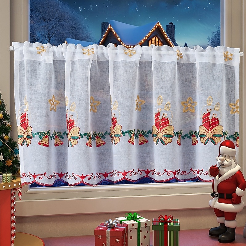 Christmas Cafe Curtains, American Style Holiday Theme Printed Drapes, Rectangular Blackout Window Curtain, Decorative Fabric Panel, Ready Made for Home Decor