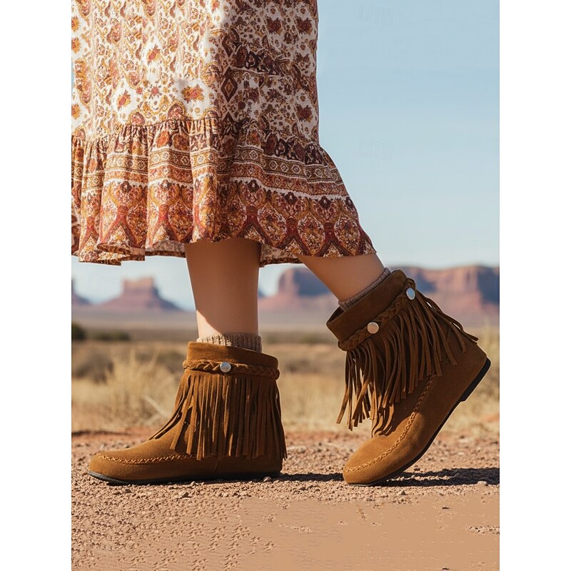 Women's Bohemian Fringe Moccasin Boots Soft Suede Flat Ankle Shoes with Retro Detailing for Casual Outfits and Everyday Wear3