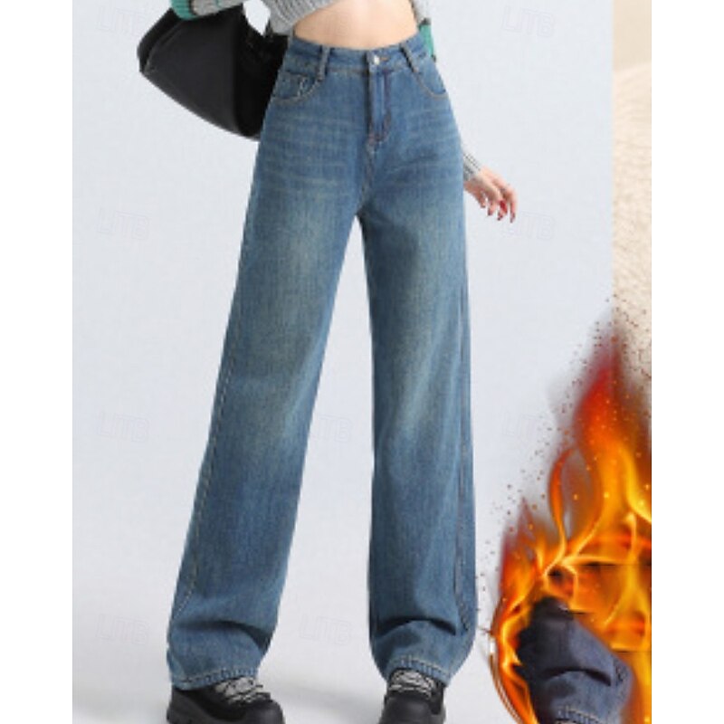 Women's Jeans Wide Leg Chinos Vacation Vintage Streetwear Full Length Medium Waist Plain Pocket Elastic Waist Warm Inelastic Micro-elastic Outdoor Vacation Street Deep Blue Light Blue Summer Spring4