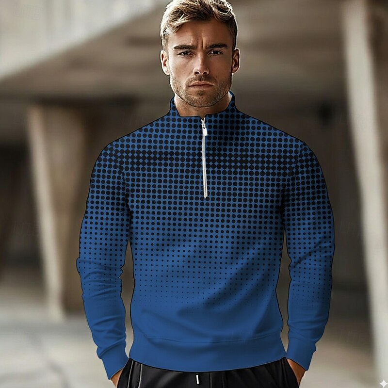 Men's Geometic Polo Long Sleeve Standing Collar Athleisure Vacation Athleisure Casual Daily 3D Print Spring Fall Winter Black Blue Green2