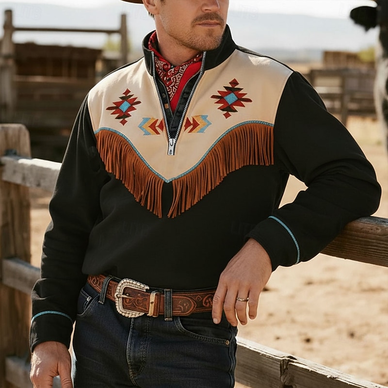 Men's Cowboy Costume Sweatshirt Ethnic Vintage Retro Stand Collar Outdoor Work Gift Black Brown Zipper Fall Winter Designer3