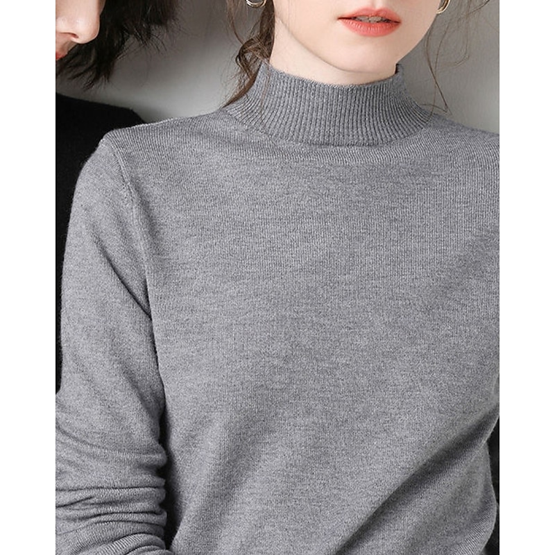 Women's Sweater Pullover Streetwear Casual Solid Color Stand Collar Knitted Long Sleeve Regular Tops Knit Daily Going out Weekend Black White Fall Winter