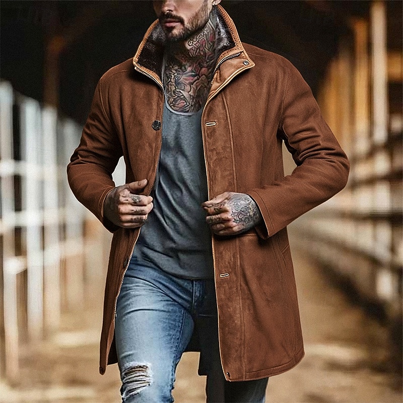Men's Faux Suede Jacket Winter Jacket Casual Jacket Vacation Daily Warm Pocket Fall Winter Plain Fashion Classic Stand Collar Regular Black Navy Blue Brown Gray Jacket