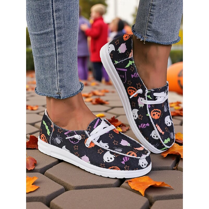 Women's Halloween Skull Print Casual Sneakers -Comfortable Lace-Up Walking Shoes with Floral Pattern for Party and Holiday Outfits