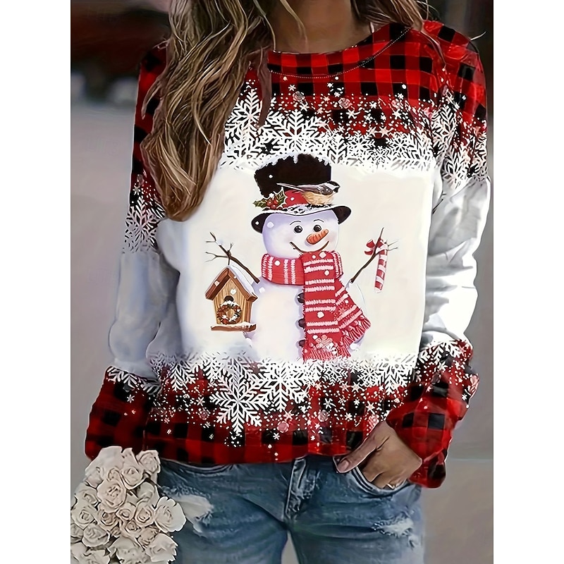 Christmas Women's Pullover Sweatshirt Graphic Plaid Snowflake Fashion Casual Long Sleeve Round Neck Regular Tops Street Dailywear Casual Print White Wine Red Fall Winter2