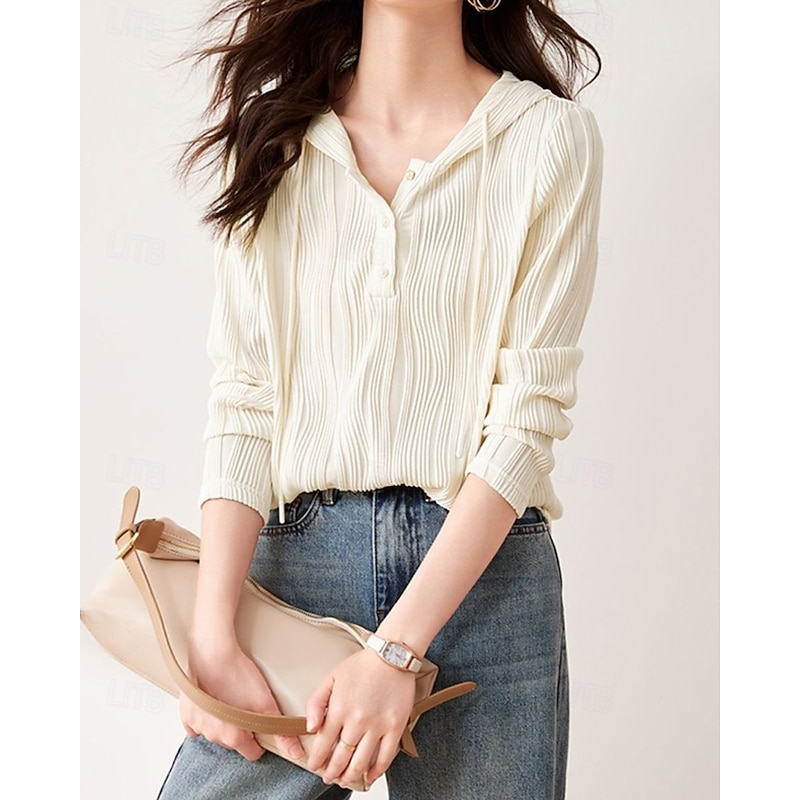 Women's Pullover Hoodie Sweatshirt Plain Casual Long Sleeve Hooded Regular Tops Street Holiday Buttons Beige Fall Winter