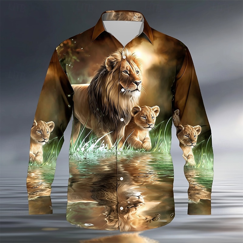 Men's Animal Lion Nature Shirt Button Up Shirt Long Sleeve Vintage Retro Outdoor Casual Holiday Spring Fall Turndown 3D Print Collared Shirts Dark Khaki Brown Green Khaki