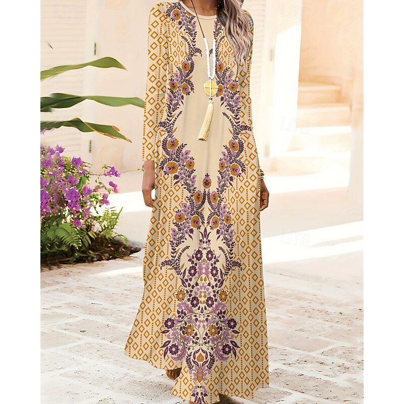 Women's Long Dress Maxi Dress Boho Dress Elegant Vintage Fashion Outdoor Daily Going out Regular Fit Graphic Flower Long Sleeve Crew Neck Black Yellow Pink Blue Spring Autumn