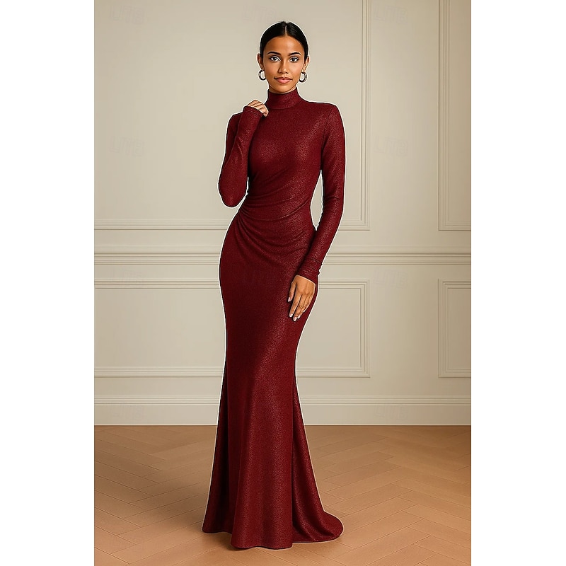 Mermaid / Trumpet Metallic Lurex Fabric Evening Gown Elegant Formal Dress Formal Wedding Sweep / Brush Train Long Sleeve High Neck Jersey with Glitter Ruched 20254
