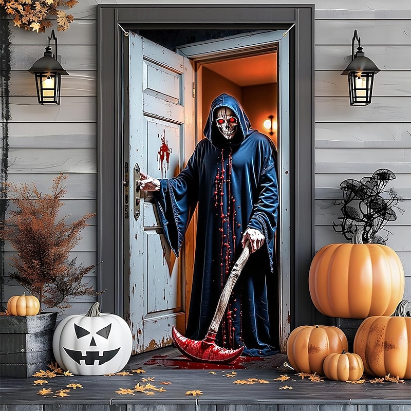 Halloween Tapestry Door Cover Outdoor Banners Grim Reaper 3D Dark Punk Gothic Style Party Dorm Teens Room College Dorm Guys Man Cave Frat Bedroom Shooting Backgrounds Home Decor
