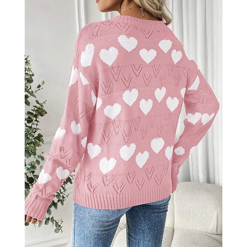 Women's Sweater Pullover Fashion Casual Heart Ribbed V Neck Knitted Long Sleeve Regular Tops Knit Outdoor Daily Weekend Black Pink Fall Winter2