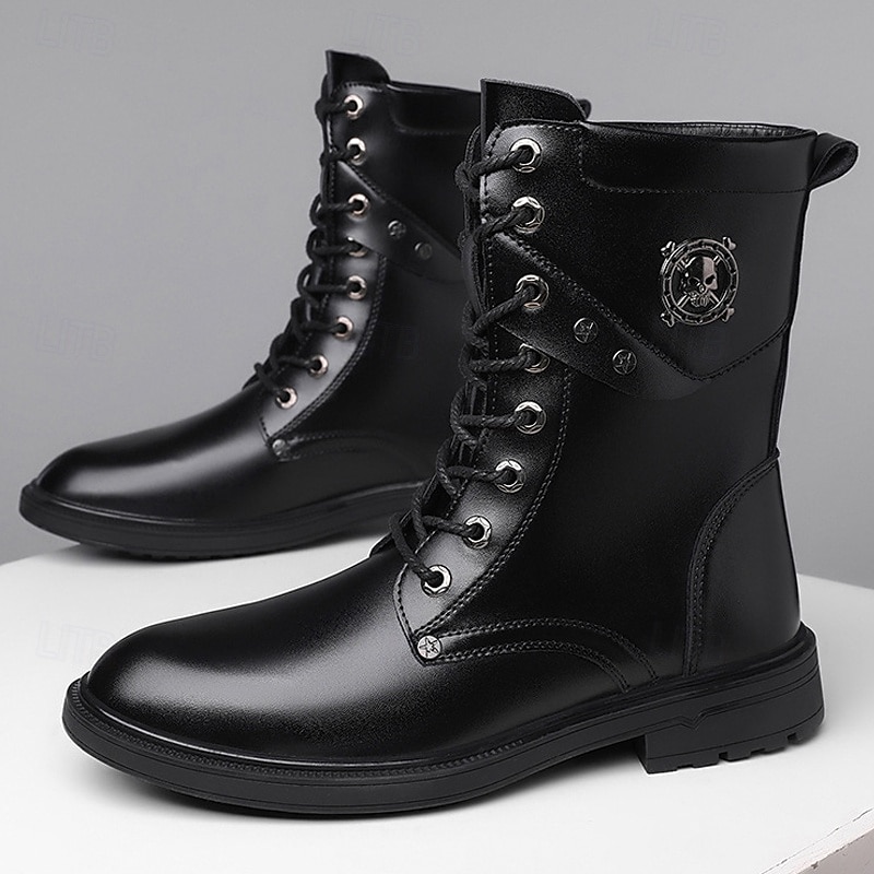 Men's Black Combat Boots Lace-Up Gothic Ankle Boots with Skull Patch Design for Halloween Parties, Haunted House Events and Cosplay Costumes