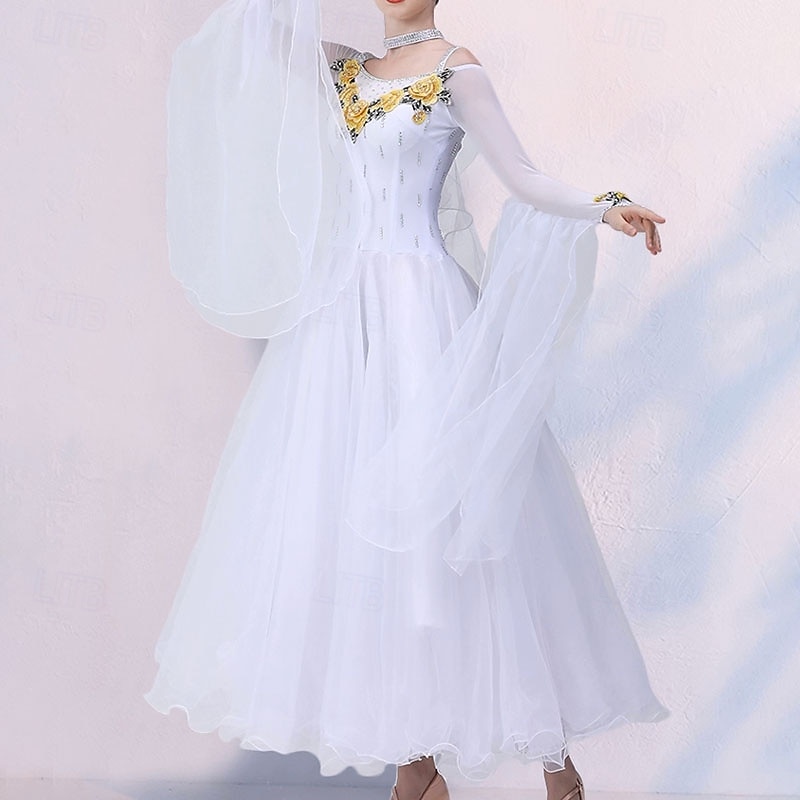 Ballroom Dance Dress Crystals / Rhinestones Women's Performance Party Long Sleeve Spandex4