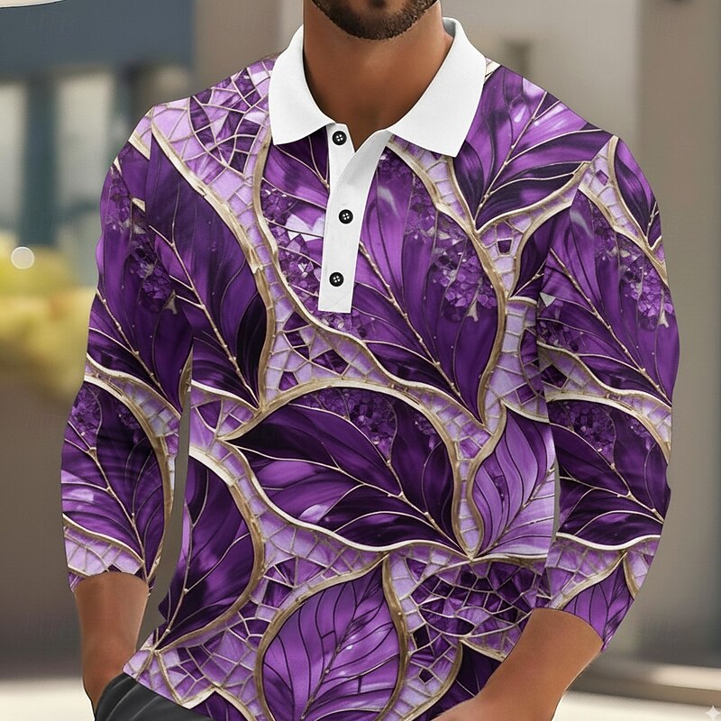 Men's Leaf Abstract Polo Long Sleeve Polo Shirts Lapel Casual Outdoor Street Athleisure Daily Wear 3D Print Buttons Spring Fall Winter Blue Purple Green2