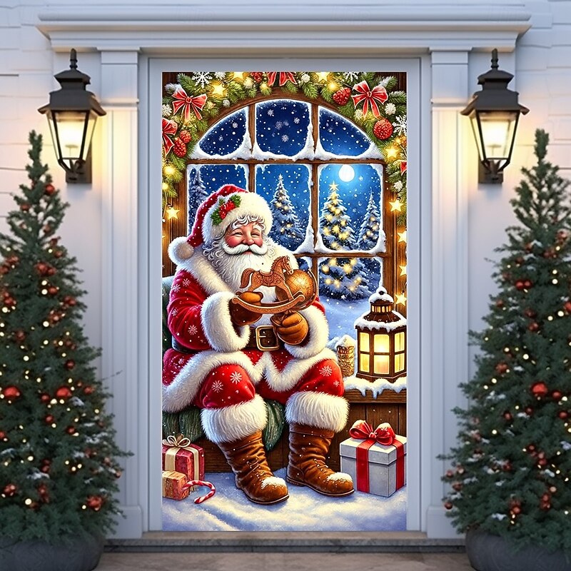 Christmas Door Cover Winter Holiday Decoration Drapes with Santa Claus Globe Christmas Gift Boxes Christmas Wreath Snow Falling by Floor-to-Ceiling Window Print for Home Entryway Living Room Bedroom2