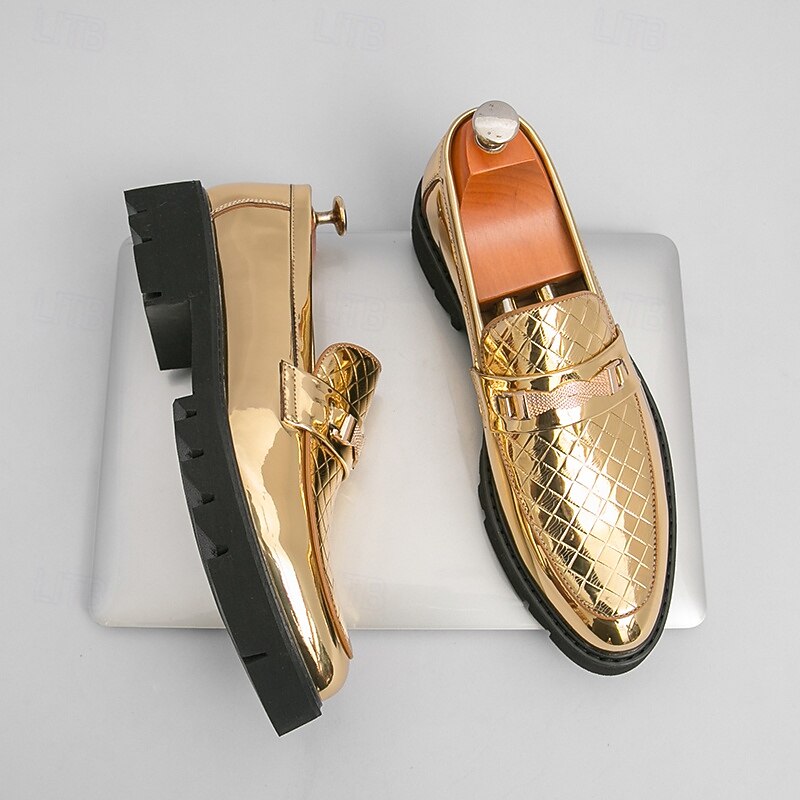 Men's Gold Dress Loafers with Buckle – Shiny Quilted Slip-On Formal Shoes for Parties, Weddings and Business Events4