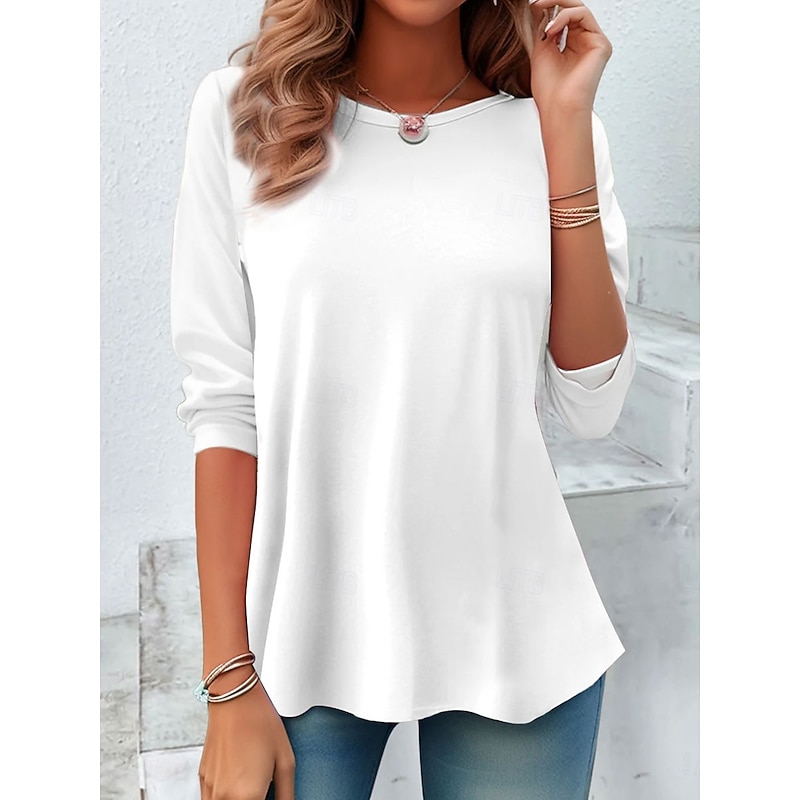 Women's T Shirt Plain Vintage Stylish Classic Long Sleeve Crew Neck Regular Tops Daily Print White Pink Red Blue Spring Fall Winter