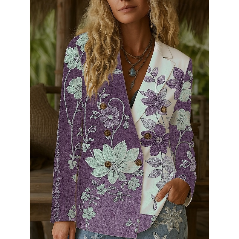 Women's Blazer Warm Comfortable Buttons Vintage Fashion Classic Modern Floral Vacation Home Casual Daily Double Breasted Regular Notch Lapel Regular Fit Long Sleeve Outerwear Blue Purple Green Spring3