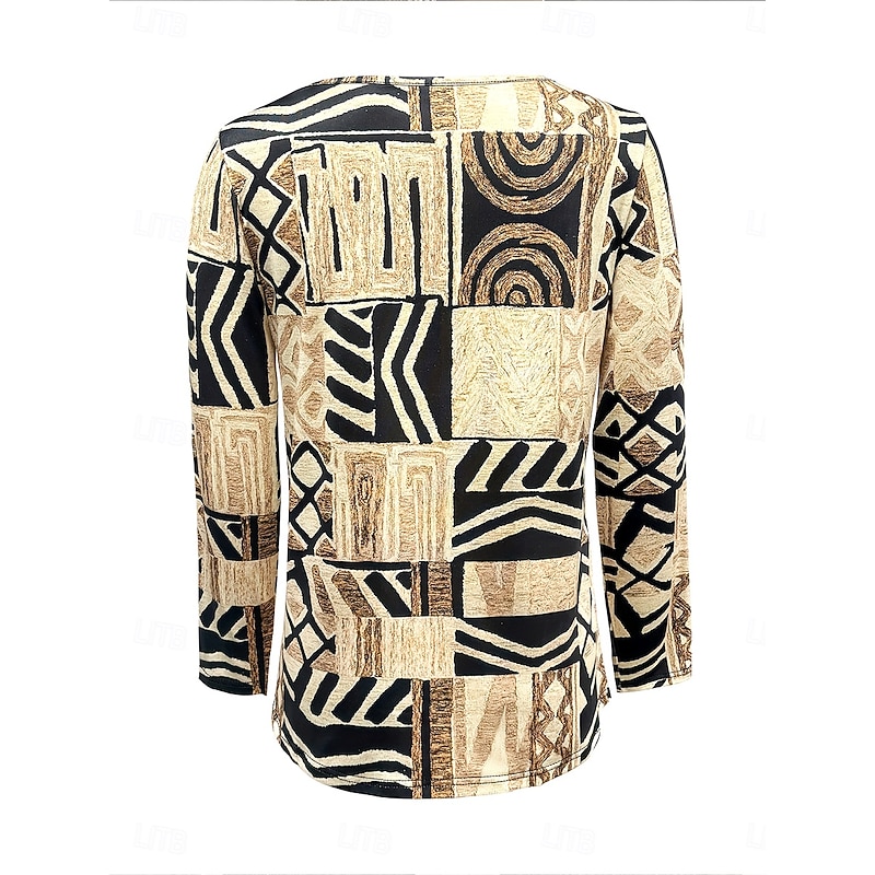 Women's T Shirt Graphic Geometric Tribal Vintage Stylish Classic Long Sleeve Crew Neck Round Neck Regular Tops Daily Print Khaki Spring Fall Winter2